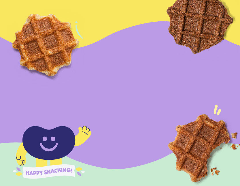Waffle crisps on a colourful background with a cartoon character and 'Happy Snacking!' text.