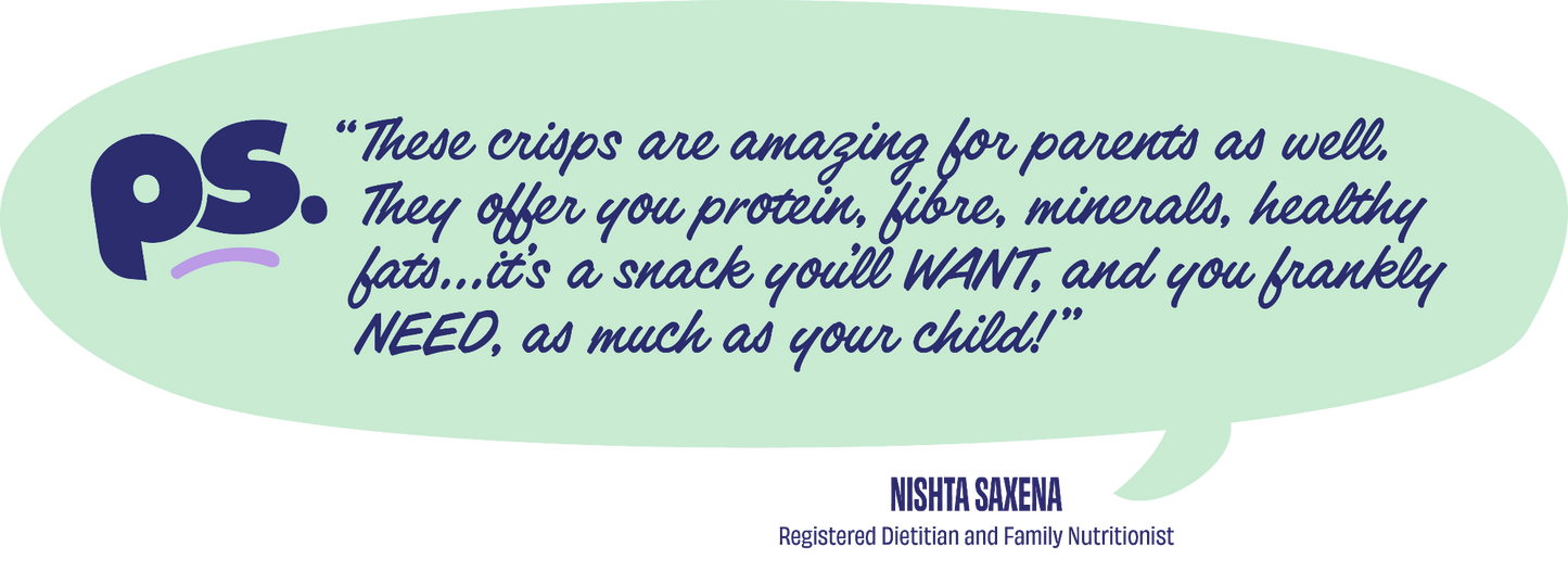 Green speech bubble with blue text praising crisps for parents and children, attributed to a registered dietitian.